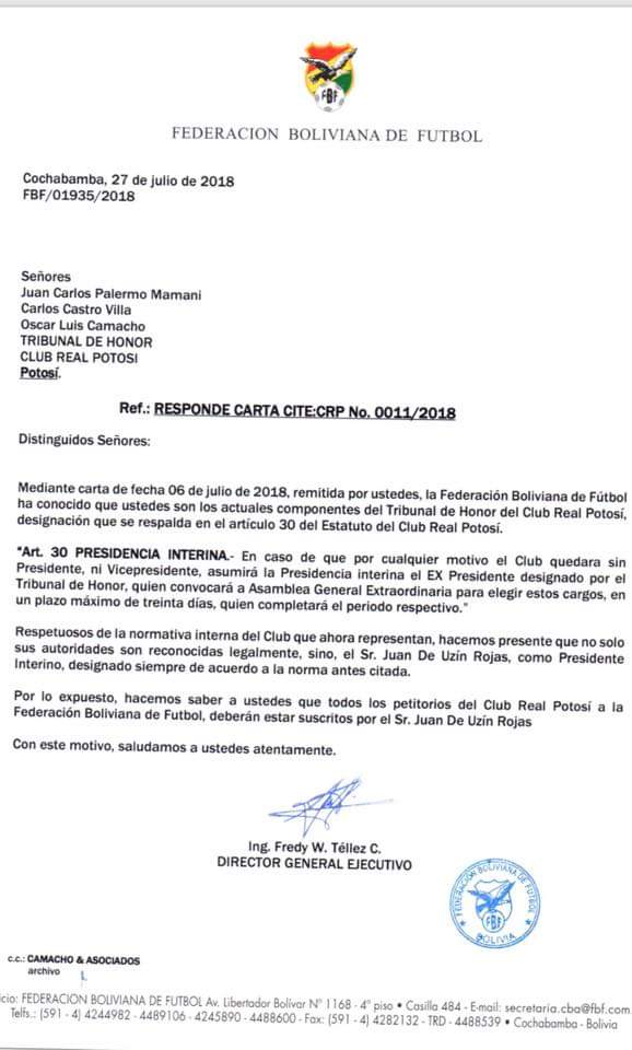 FBF reconoce a Juan De Uzin presidente de Real Potosí